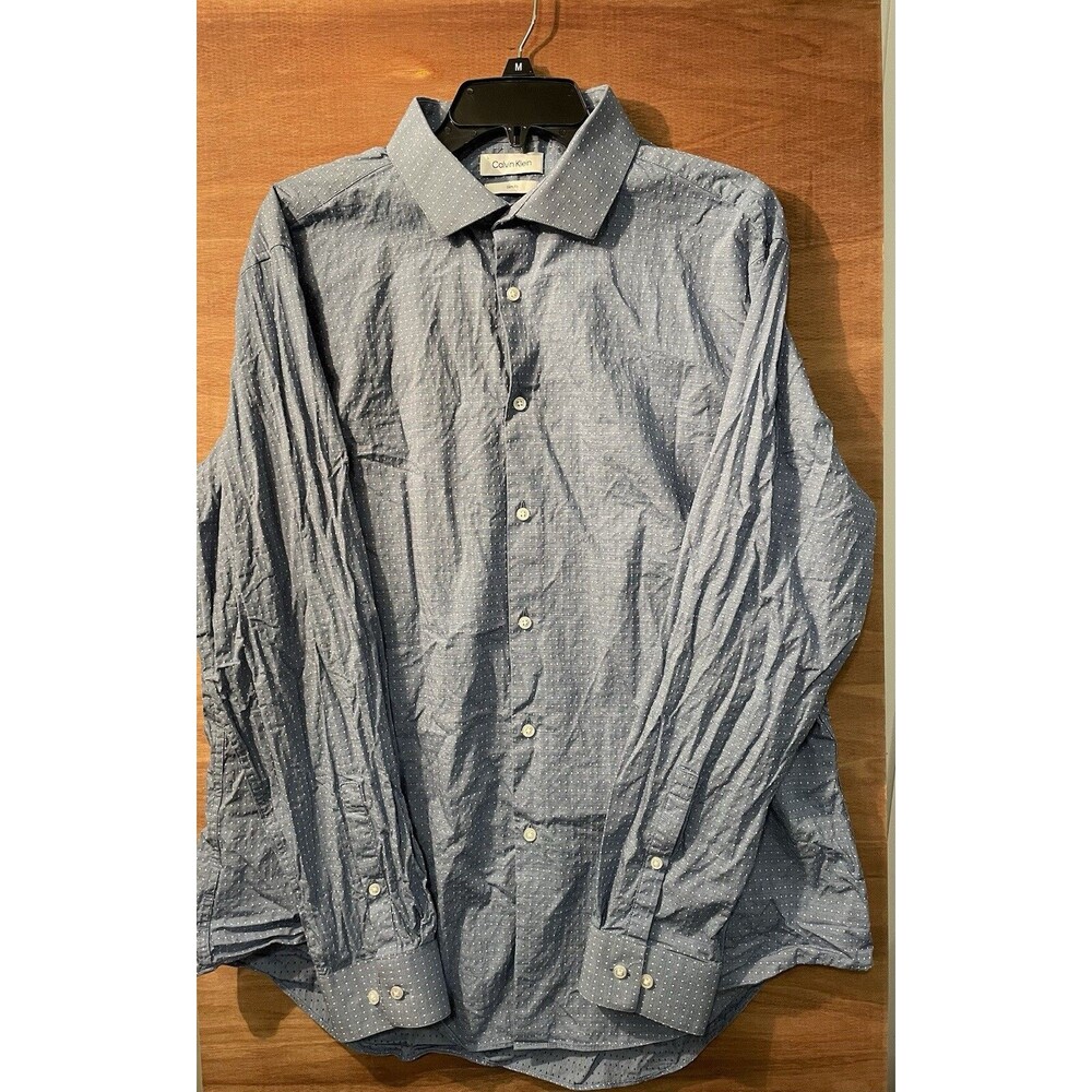 Calvin Klein Dress Shirt Men’s Size XL 17 1/2 34/35 Blue Print L S Slim Oeko Tex